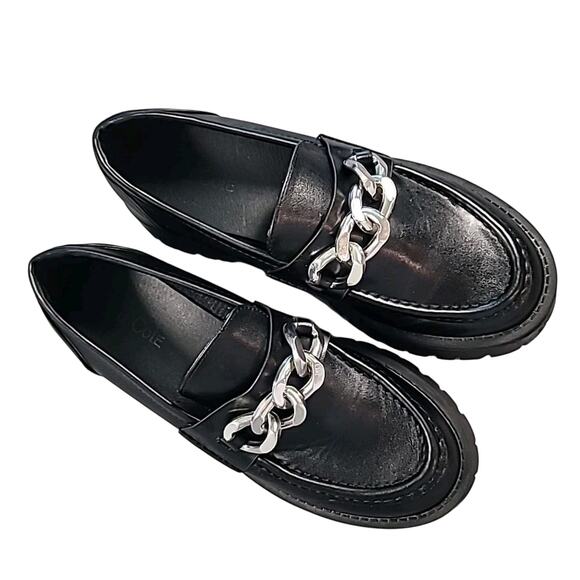 Women’s Chunky Platform Loafers Size 8M Black Shoes Silver Chain Y2K Grunge Chic - Picture 1 of 5
